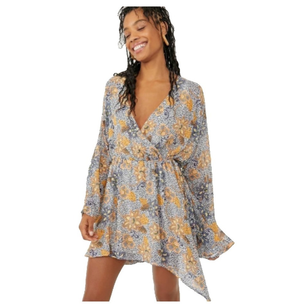 Free People Teegan Mini Dress Medium‎ Blue Yellow Floral Boho Flowy